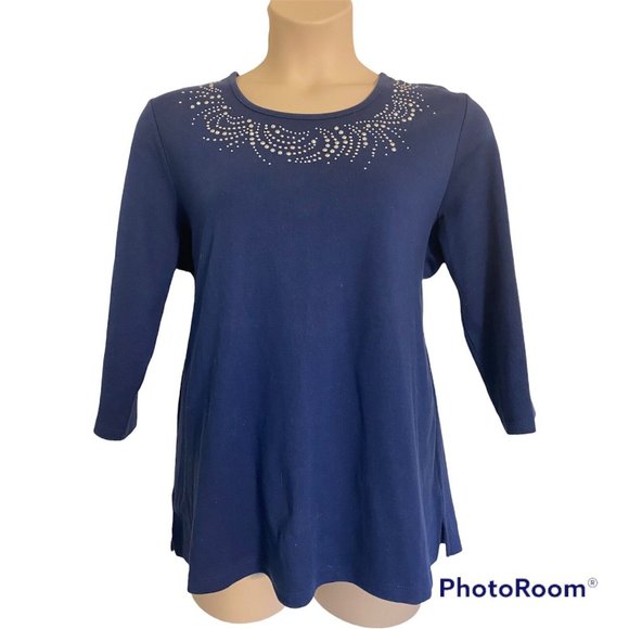 Quacker Factory Tops - QUACKER FACTORY Long Sleeve TEE SHIRT w/ Sparkle Scoop Neck Blue Women XL